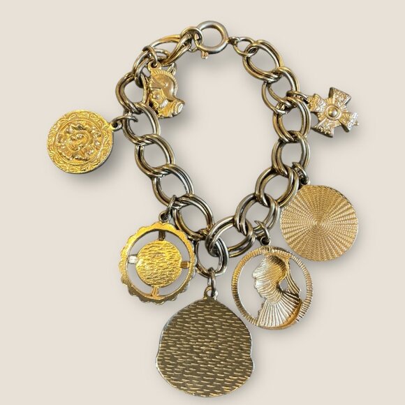 Vintage Gold-Tone Charm Bracelet With Coin & Medallion Designs 7 Inch Length - Picture 3 of 3